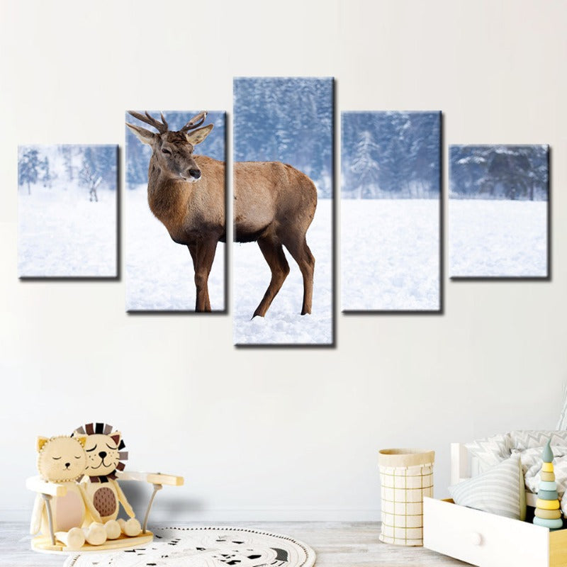 5-teilige verschneite Landschaft Reh - Leinwand Wandkunst Malerei
