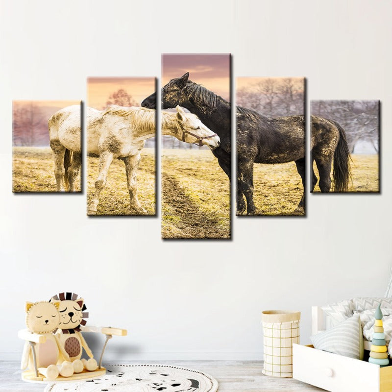 5 Stück Schwarz & Weiß Pferde - Leinwand Wandkunst Malerei