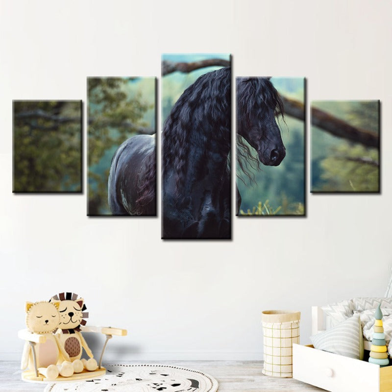5 Stück Schwarzes Pferd im Wald - Leinwand Wandkunst Gemälde
