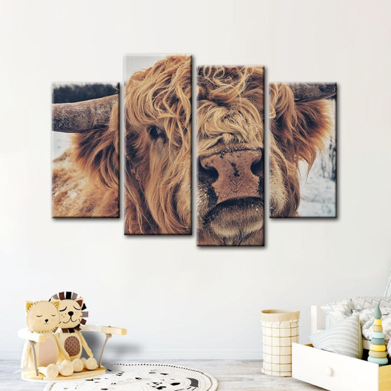 4-teilige Nahaufnahme Braun Kuh - Leinwand Wandkunst Gemälde | Karnz