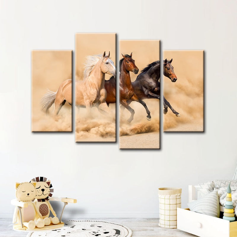 4 Stück Drei laufende Pferde in der Wüste - Leinwand Wandkunst Gemälde