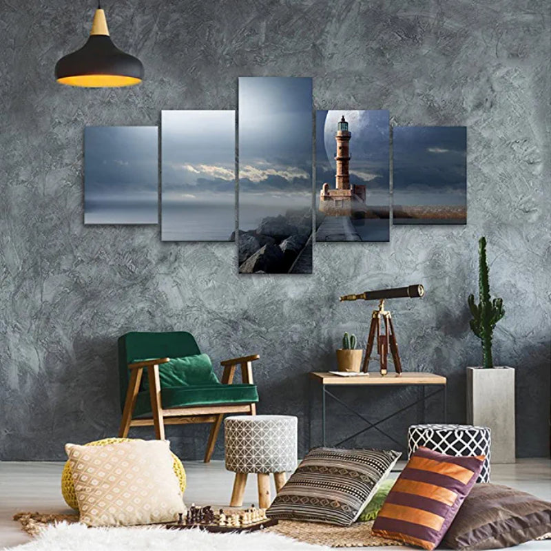 5 Stück Leuchtturm Nachtbilder Kunstwerk Leinwanddruck