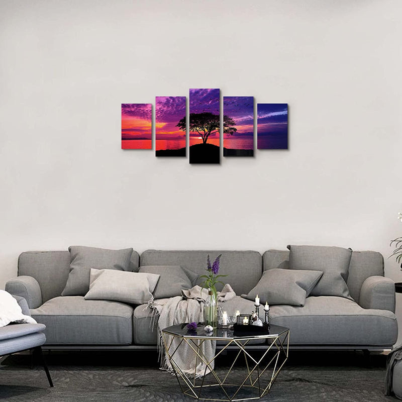 5-teiliges rotes Strand Sonnenuntergang Leinwand Wandbild