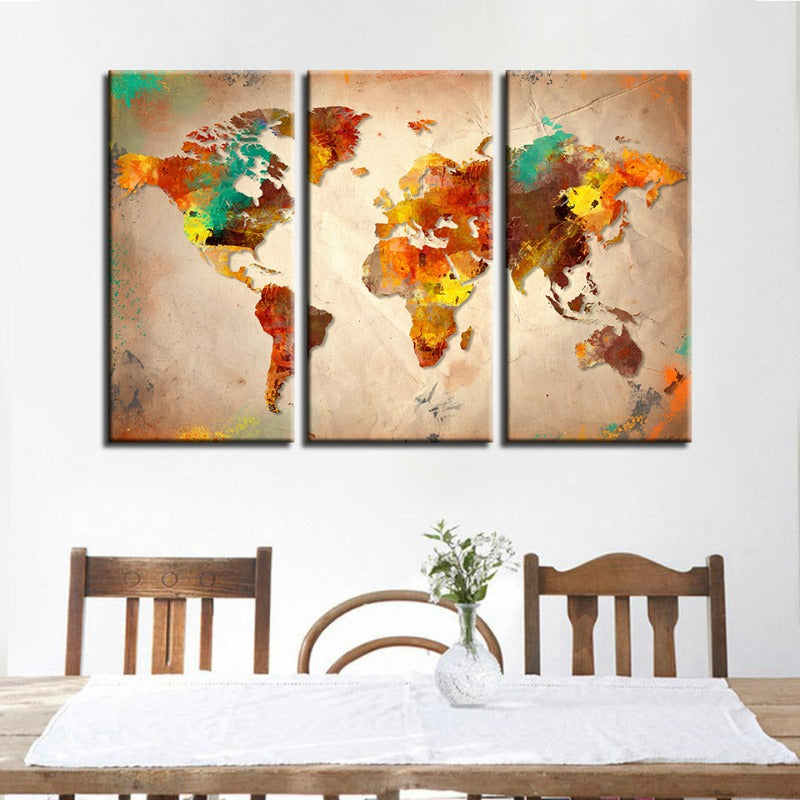 Schöne abstrakte mehrfarbige Weltkarte - Leinwand Wandkunst Malerei 3 Stücke