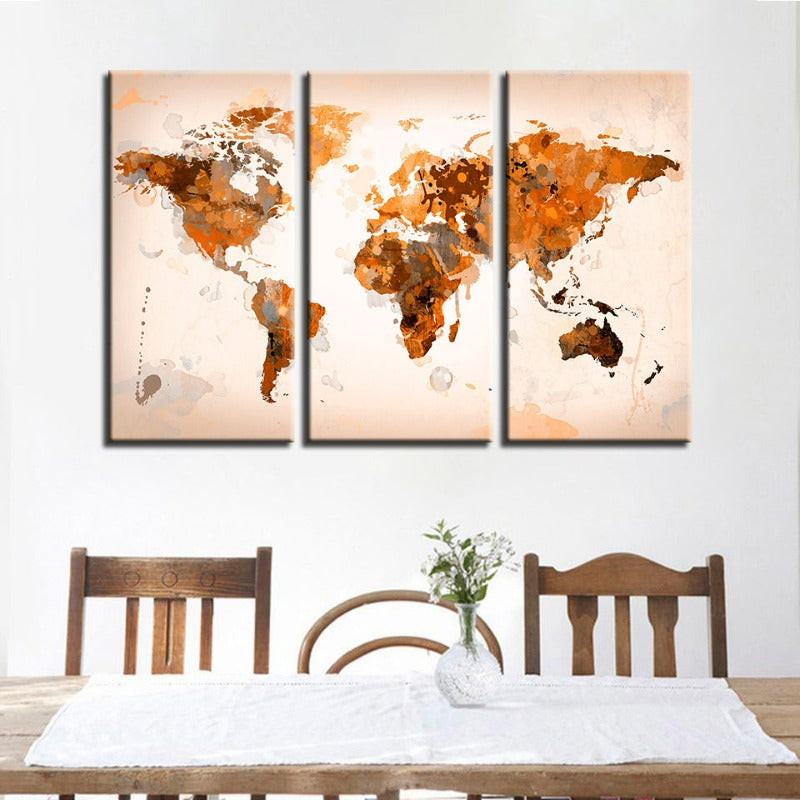 Schöne abstrakte braune Weltkarte-Canvas-Wandkunstbild 3 Teile