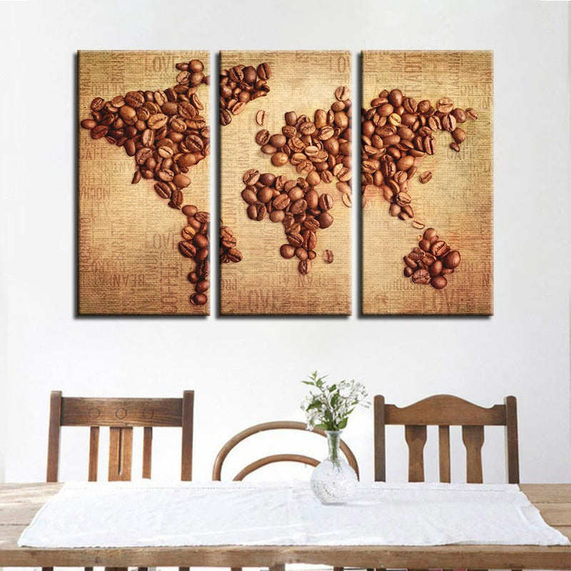 Schöne abstrakte Kaffeebohnen-Weltkarte - Leinwand Wandkunst Malerei 3 Teile