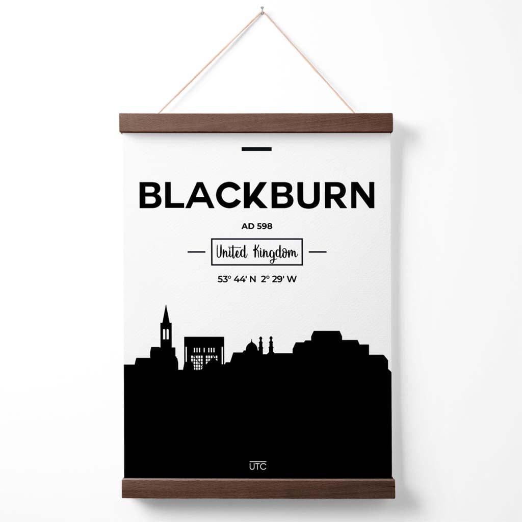 Blackburn Stadtbild-Poster in Schwarz-Weiß mit Aufhänger