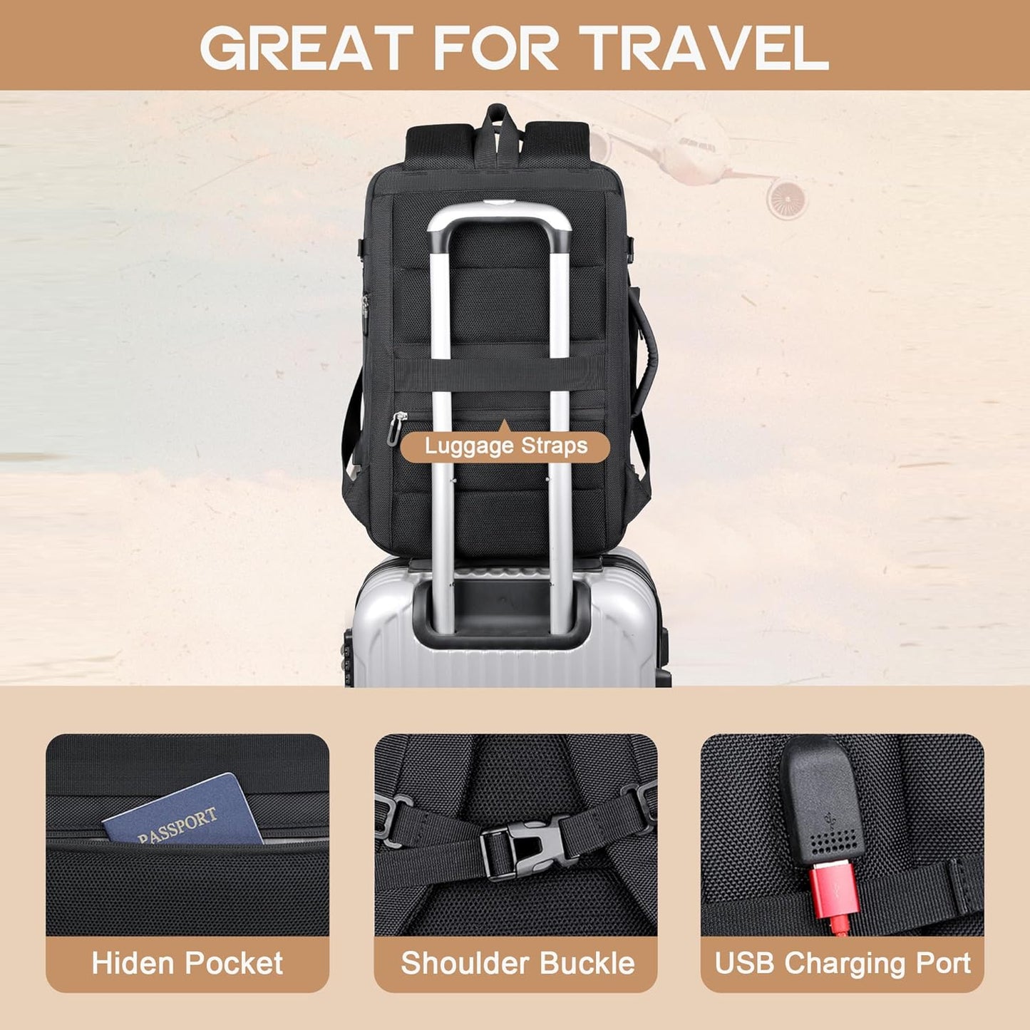 40L erweiterbarer wasserdichter Reiserrucksack mit USB-Anschluss & 17” Laptopfach – AirVoyage | Karnz
