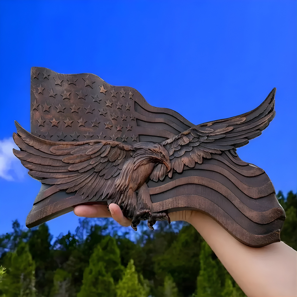 Amerikanische Flagge – Wanddeko aus Holz, handgeschnitzter Adler, patriotische Dekoration