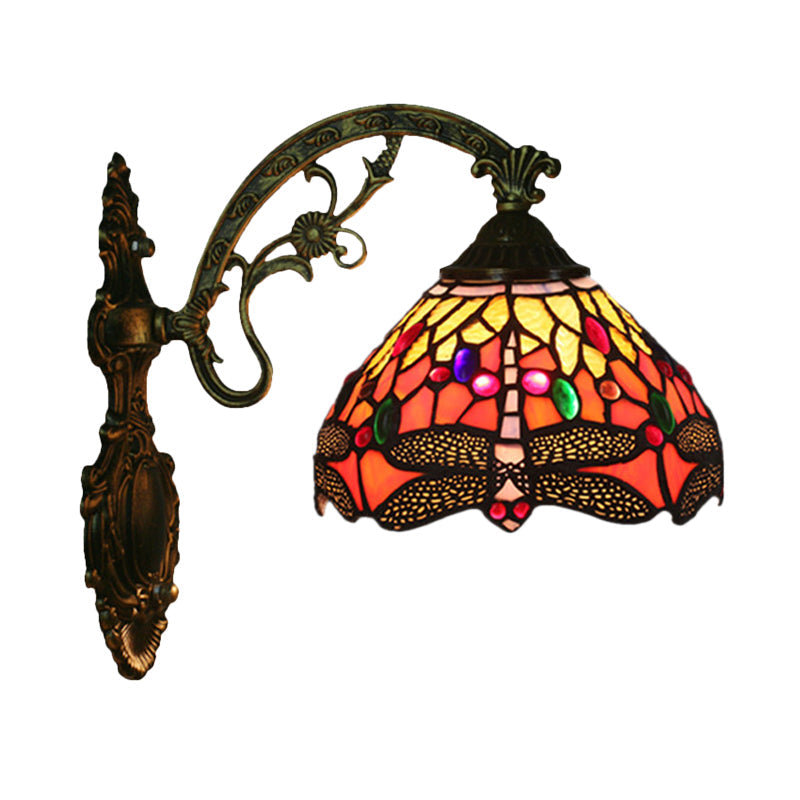 1-Kopf Schlafzimmer Wandlampe Tiffany Bronze Wandleuchte mit Kegel Libellenmuster Glas Schirm