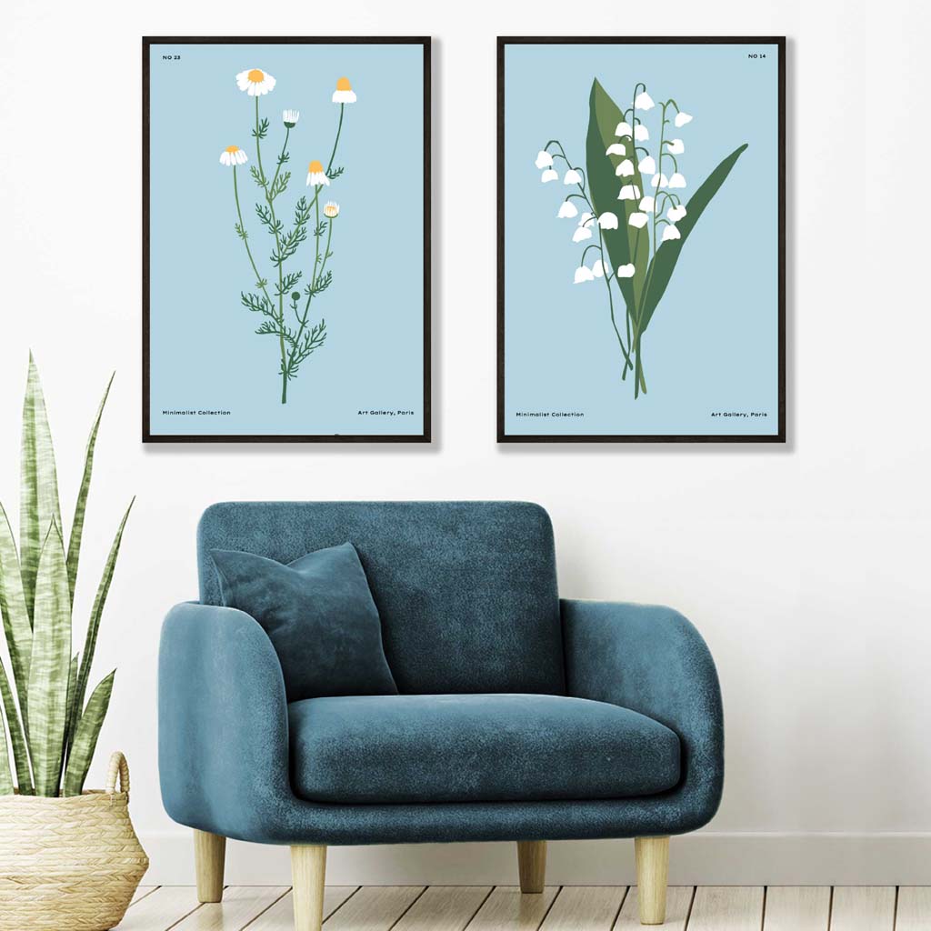 Set mit Illustrationen blauer Wildblumen und 2 Kunstdrucken