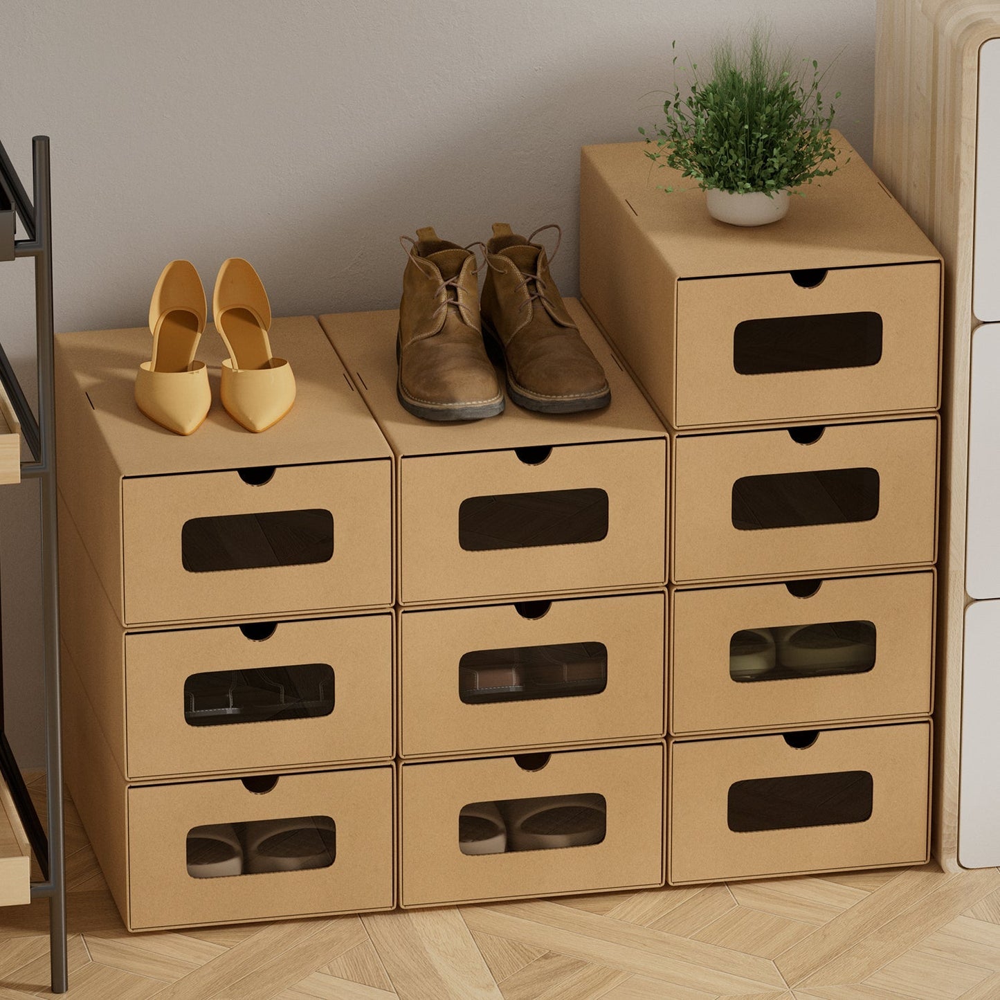 Aufbewahrungsboxen Pappe mit Sichtfenster & Schublade 10er Set | Karnz
