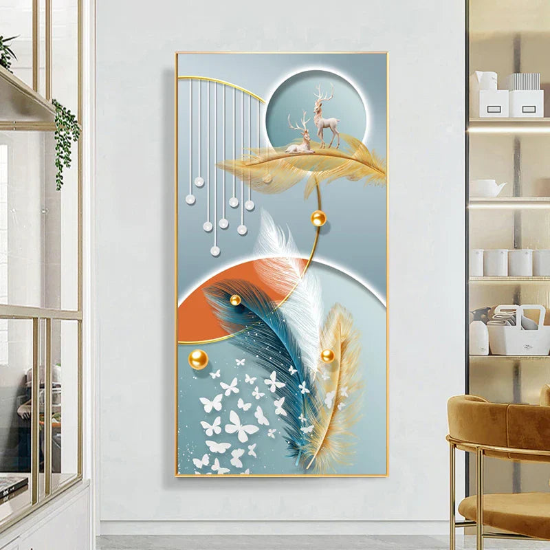 Glückverheißend Abstrakt Goldene Feder Hirsch Landschaft Wandkunst Feine Kunst Leinwanddrucke Bilder Für Wohnzimmer Eingang Foyer Licht Luxuriöse Wohnkultur