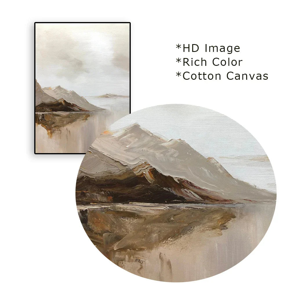 Große Größen Bergsee Landschaft Wandkunst feine Kunst Leinwanddrucke Braun Beige Grau Neutrale Farbe Texturierte abstrakte Bilder für Wohnzimmer Eingangsbereich Foyer Kunst Dekor