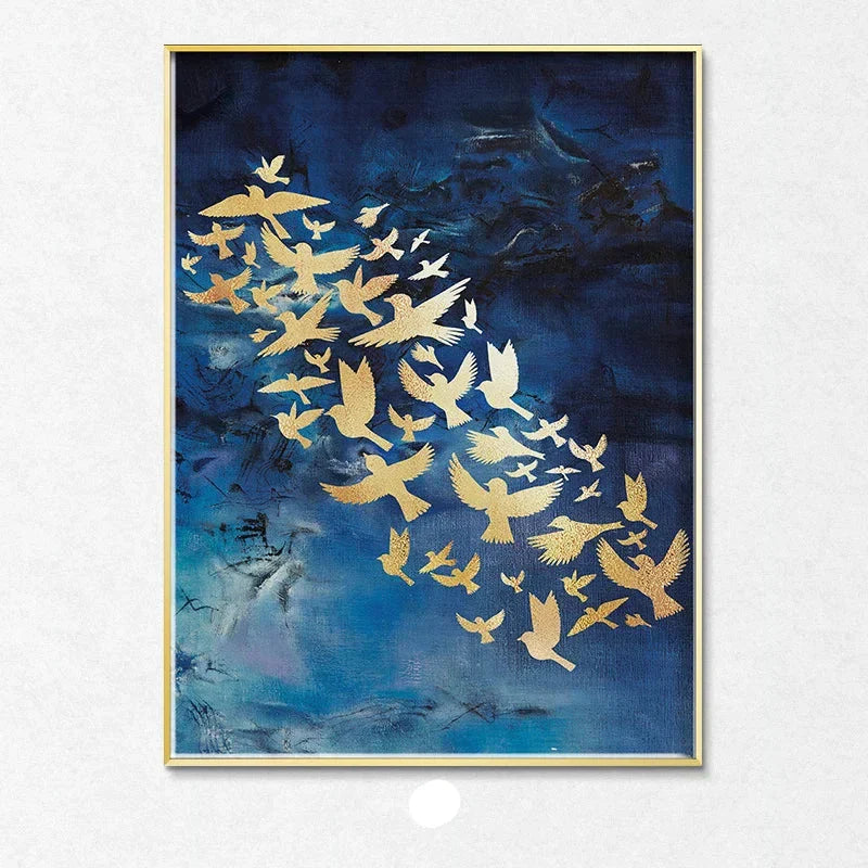 Blaue Goldene Vögel und Schmetterlinge Wandkunst Fein Kunst Leinwanddrucke Glücksbringende Abstrakte Bilder Für Wohnzimmer Schlafzimmer Hotelzimmer Kunst Dekor