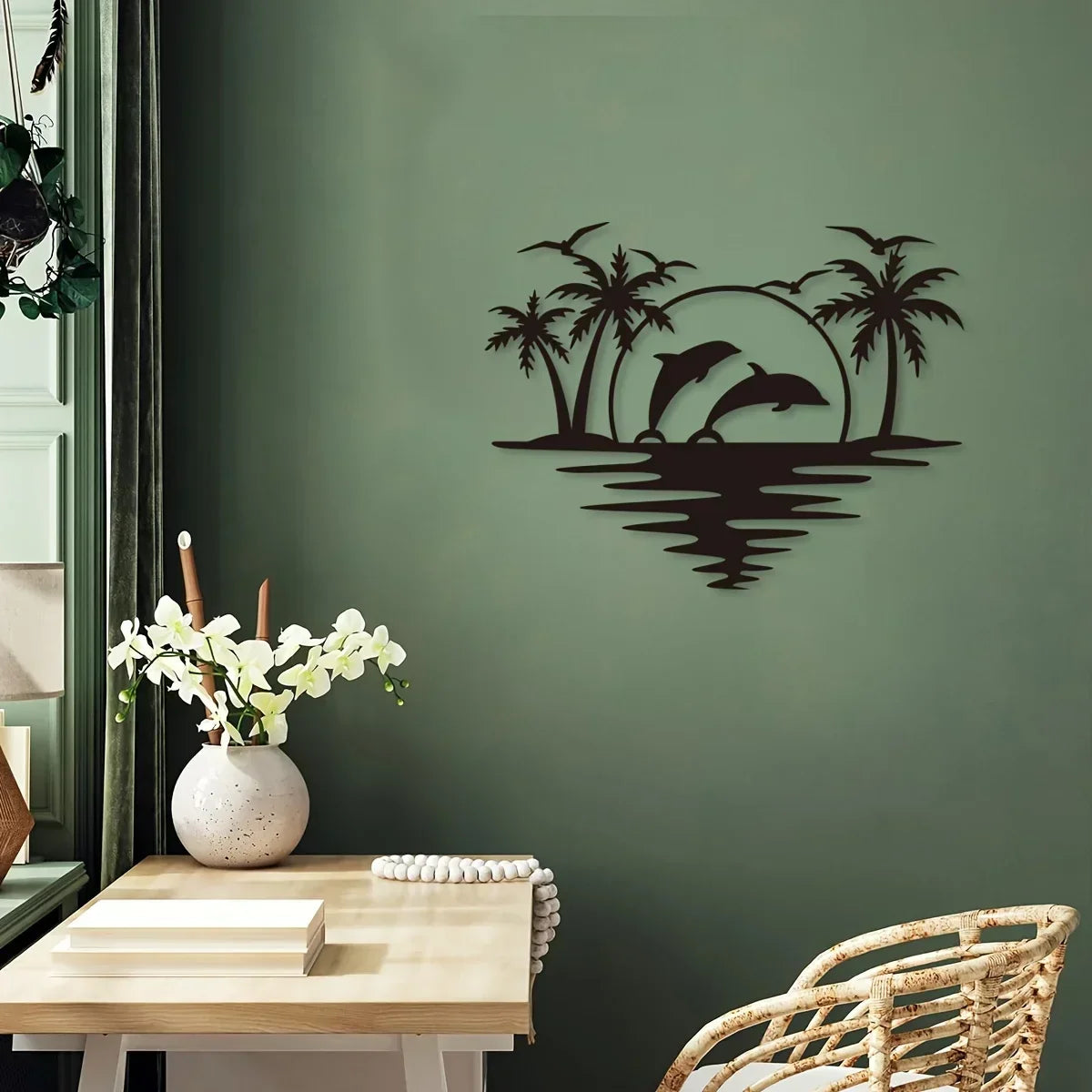 Delfin Sonnenuntergang Tropische Palmen Eisenkunst Wandkunst 3D Metall Skulptur Wanddekoration Für Wohnzimmer Esszimmer Kreativ Zeitgenössisch Nordisch Wohnkultur | Karnz