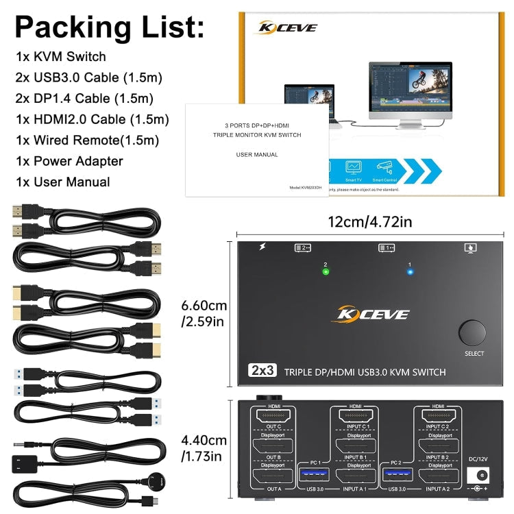 KC-KVM203DH 8K 30Hz USB 3.0 DP+DP+HDMI Triple-Monitor-KVM-Switch, AU-Stecker