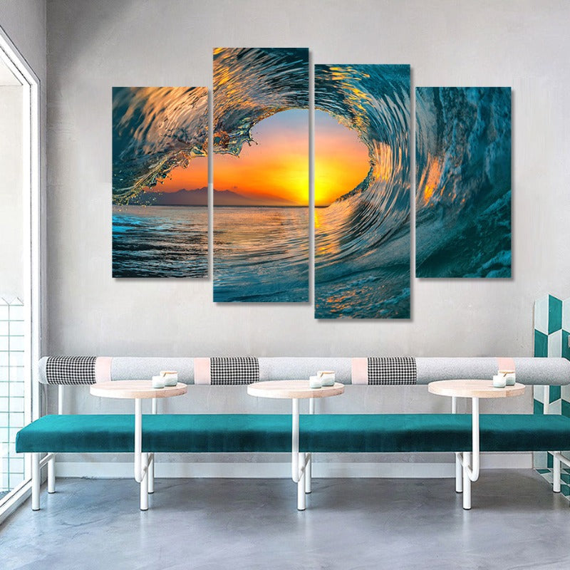 5-teiliges abstraktes Sonnenuntergang durch Ozeanwelle - Leinwand Wandkunstgemälde