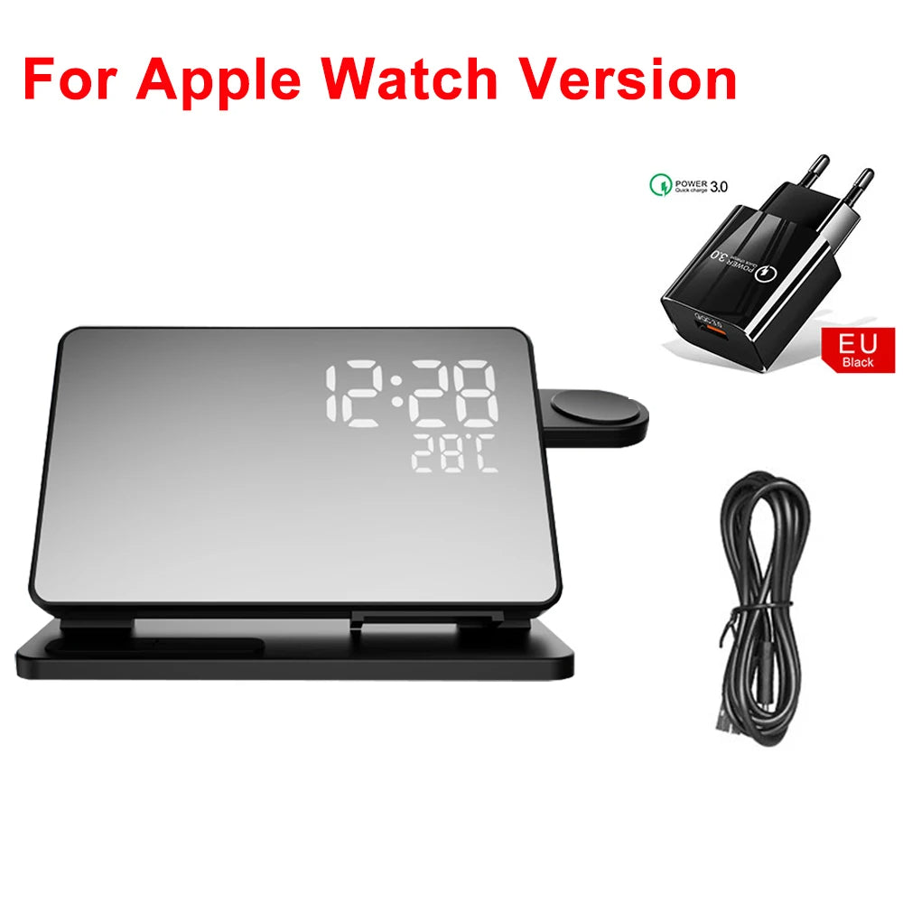 3-in-1 Schnellladegerät | Premium Wireless Schnelllade-Dockingstation mit Wecker | für Apple iPhone, Watch & AirPods