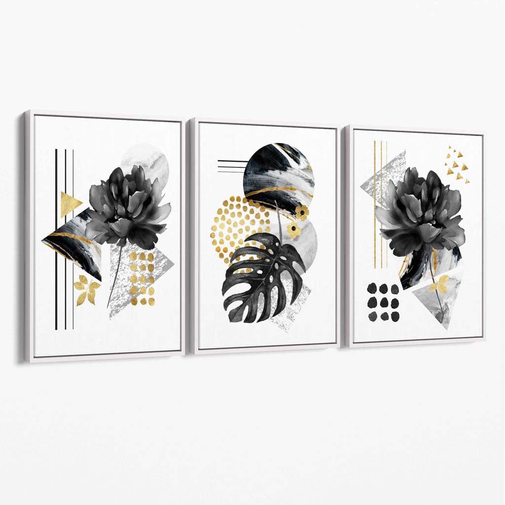 Abstraktes 3er-Set floraler Leinwandbilder in Schwarz und Gold