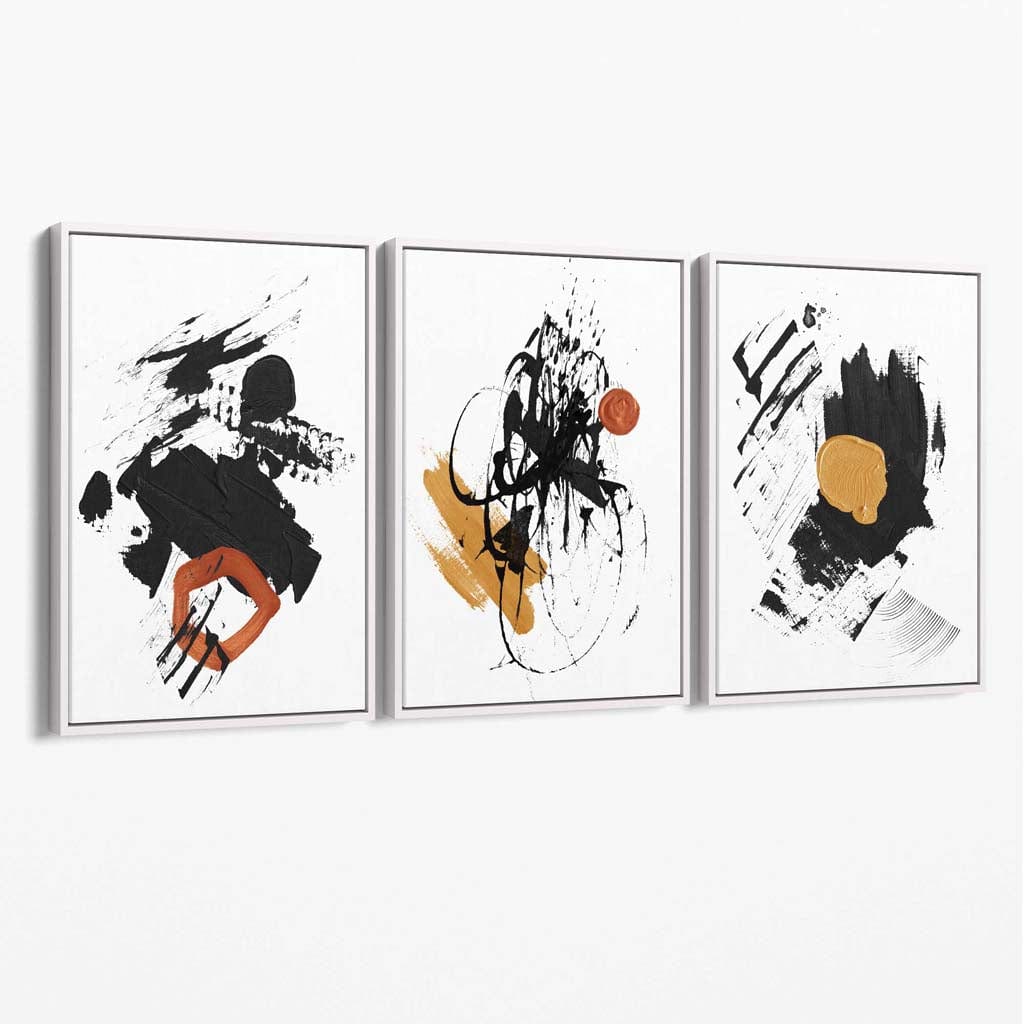 Abstraktes Set aus 3 minimalistischen Leinwandbildern in Schwarz, Gelb und Orange