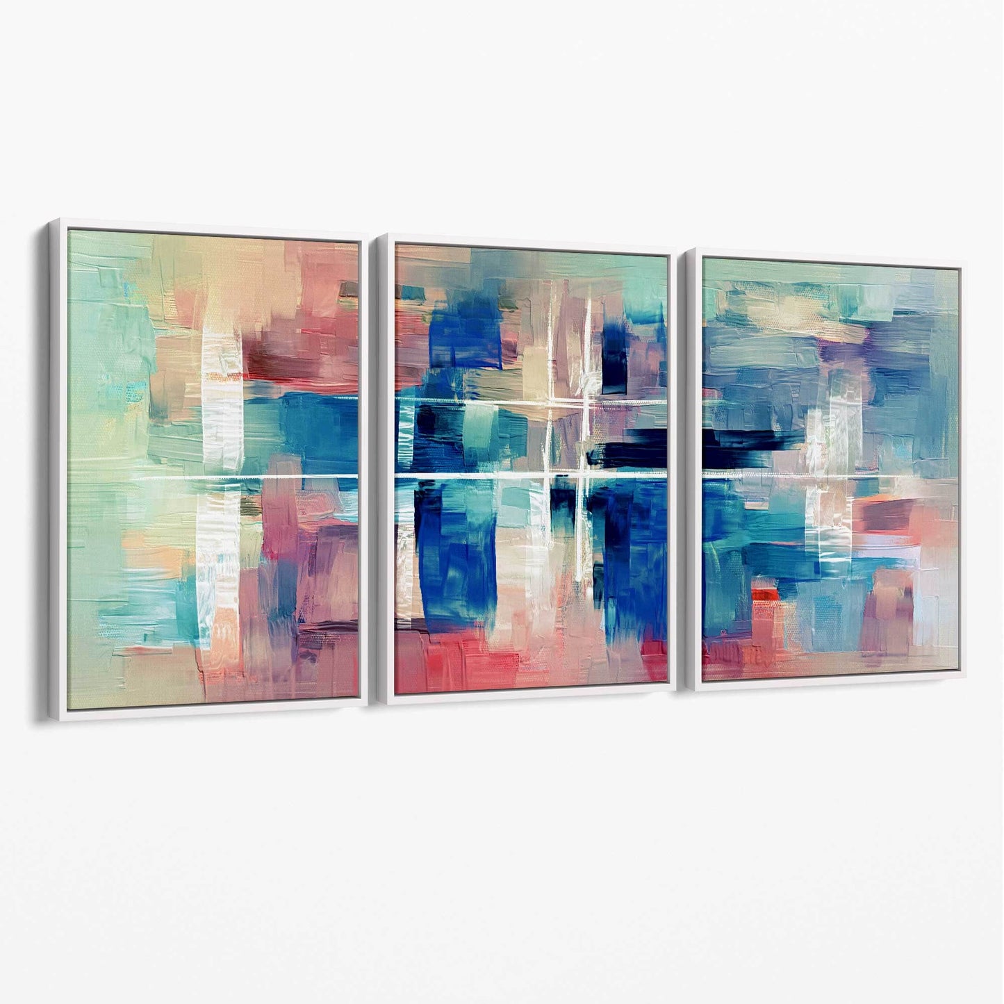 Abstraktes Leinwandbild mit Farbstreifen in Blau und Rosa