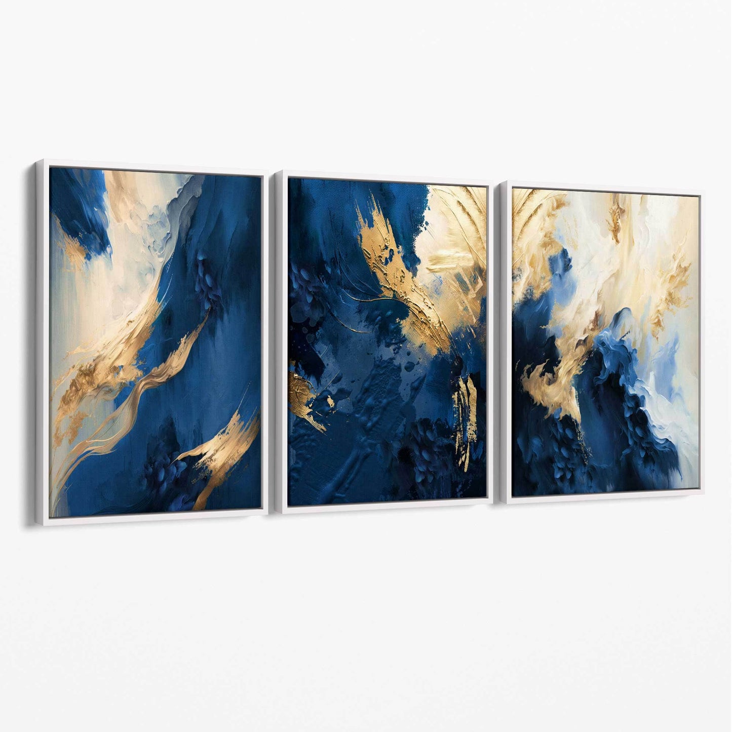Abstraktes Set aus 3 Leinwandbildern in Blau und Gold