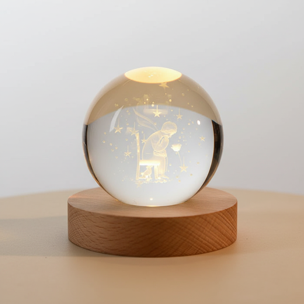 AstroGlobe 3D Lampe – Sphärische Holz-Tischlampe mit warmem LED-Licht und Planetendesign | Karnz