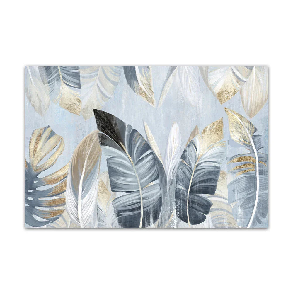 Nordic Abstract Blaue Goldene Palmblätter & Federn Wandkunst Fine Art Leinwanddrucke Moderne Abstrakte Botanische Bilder Für Wohnzimmer Schlafzimmer Kunst Dekor