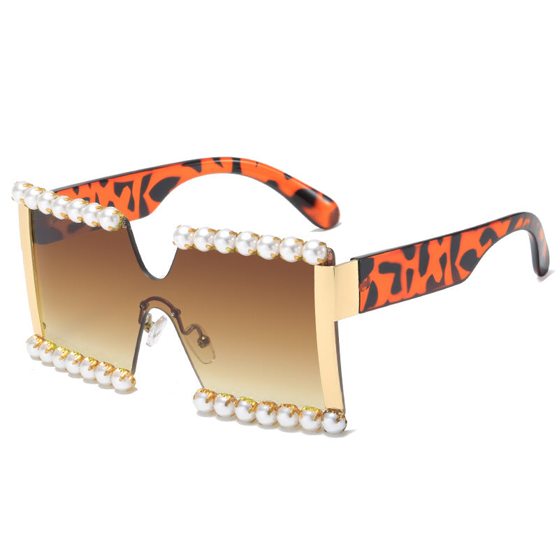 Damen extravagante Rechteck-Sonnenbrille mit Perlenschmuck und UV-Schutz Karnz