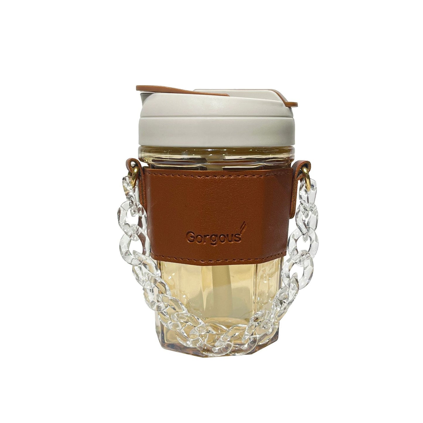 Damen Trinkbecher mit elegantem Ledergriff und praktischer Tragekette Karnz