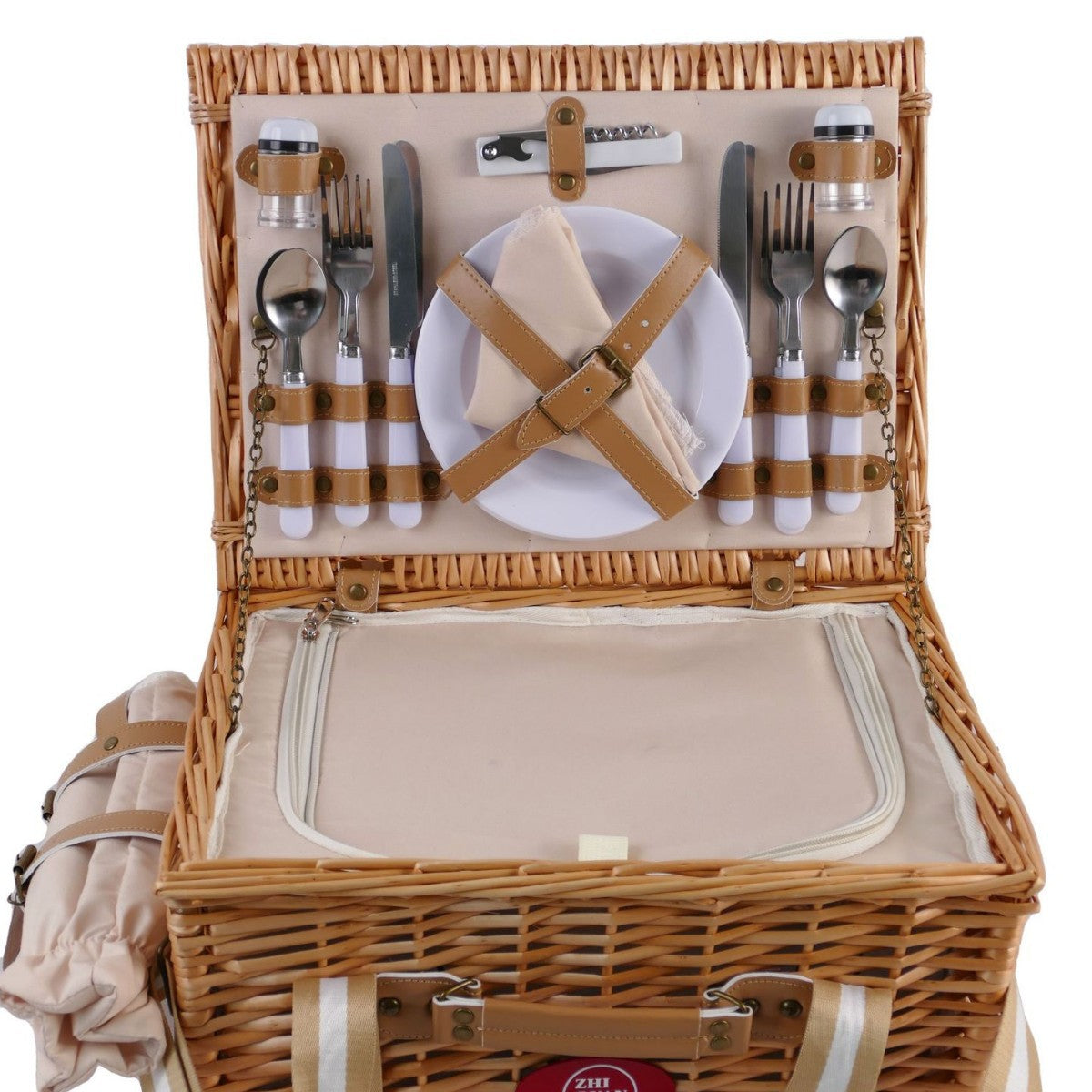 Damen Picknickkorb mit integriertem Geschirrset und stilvollem Leder-Detail Karnz