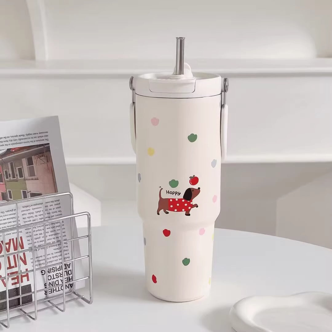 Damen Trinkbecher mit lustigem Motiv und integriertem Strohhalm Karnz