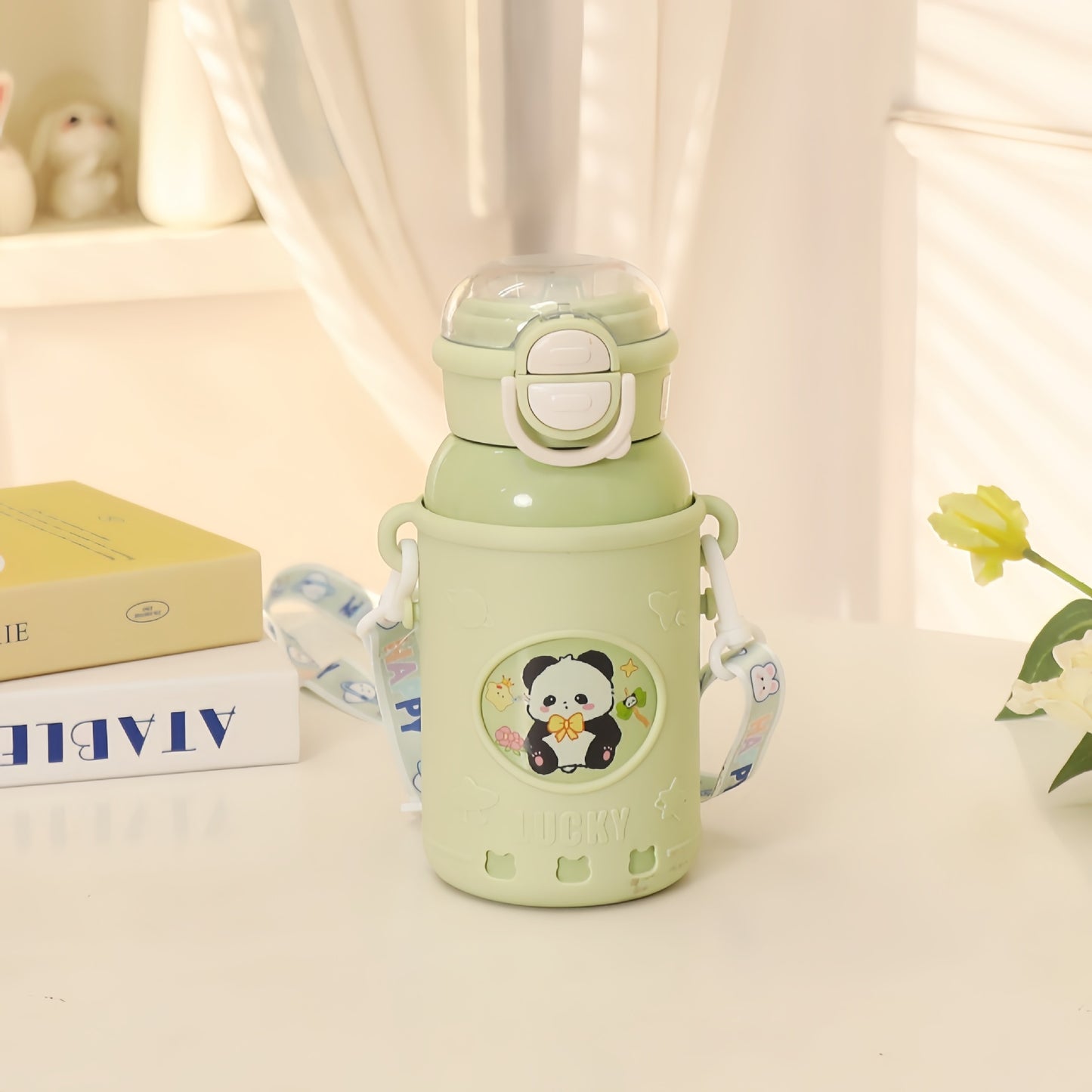 Damen Isolierte Trinkflasche mit praktischem Tragegurt und niedlichen Panda-Motiv Karnz