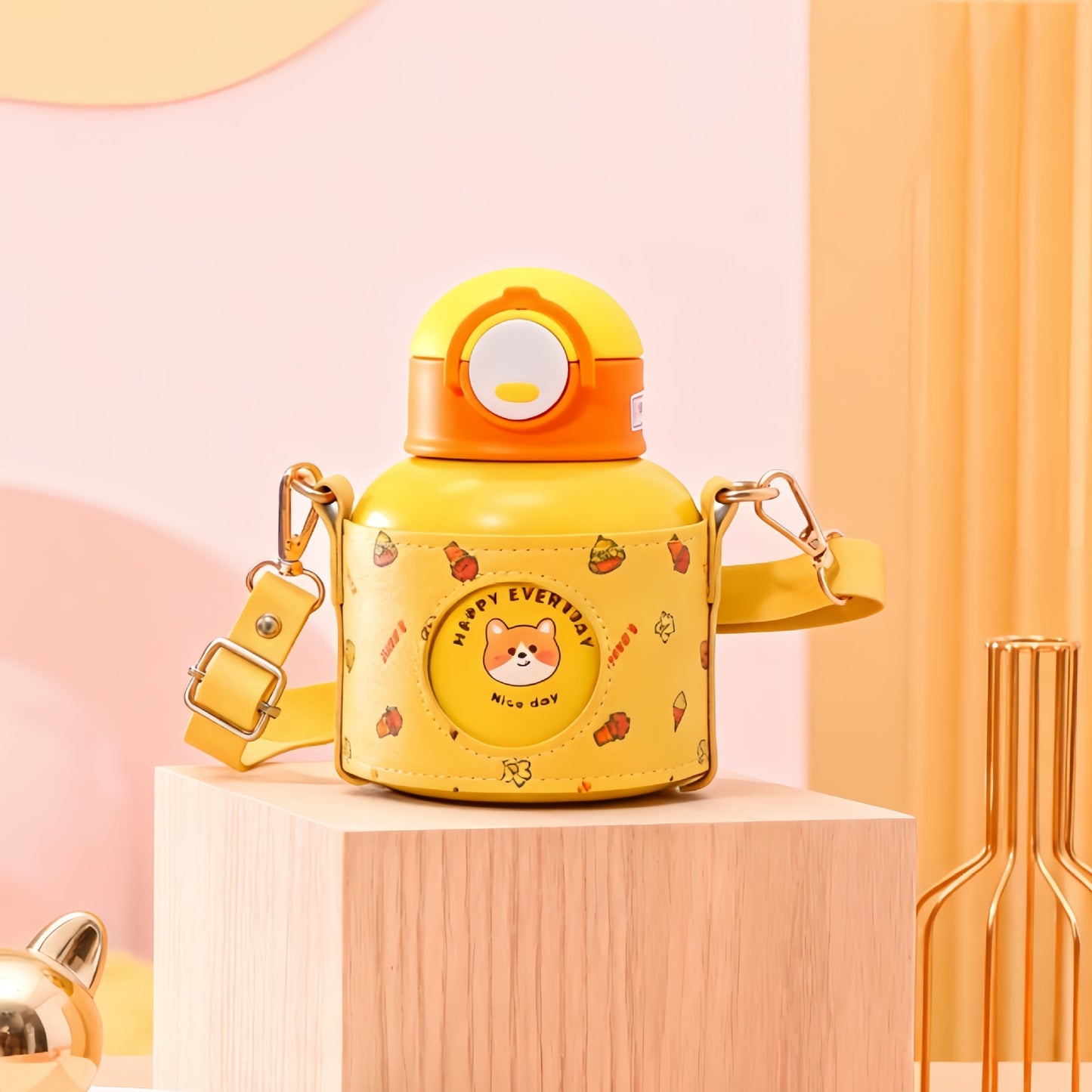 Damen Isolierte Trinkflasche mit fröhlichem Design und praktischem Tragriemen Karnz