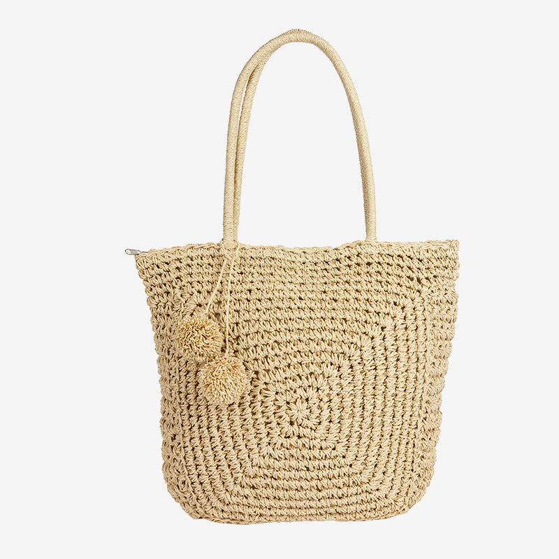 Damen Handgefertigte Basttasche mit verspieltem Pompon-Detail Karnz