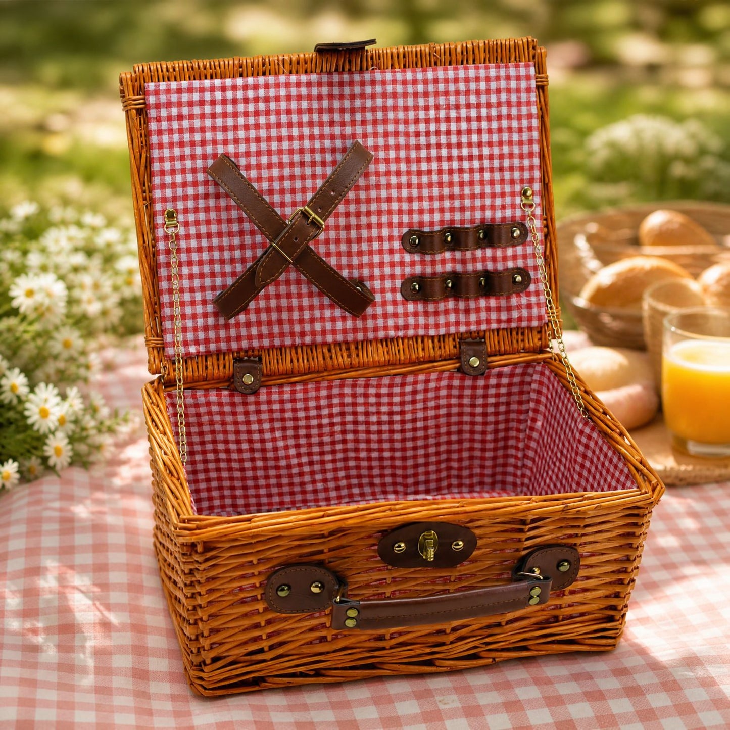 Damen Luxus Picknickkorb mit versetztem Geschirrfach und floralem Innenfutter Karnz