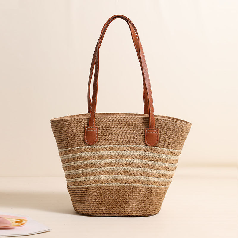 Damen Strandtasche aus hochwertigem geflochtenem Naturmaterial mit stilvollen Lederakzenten Karnz