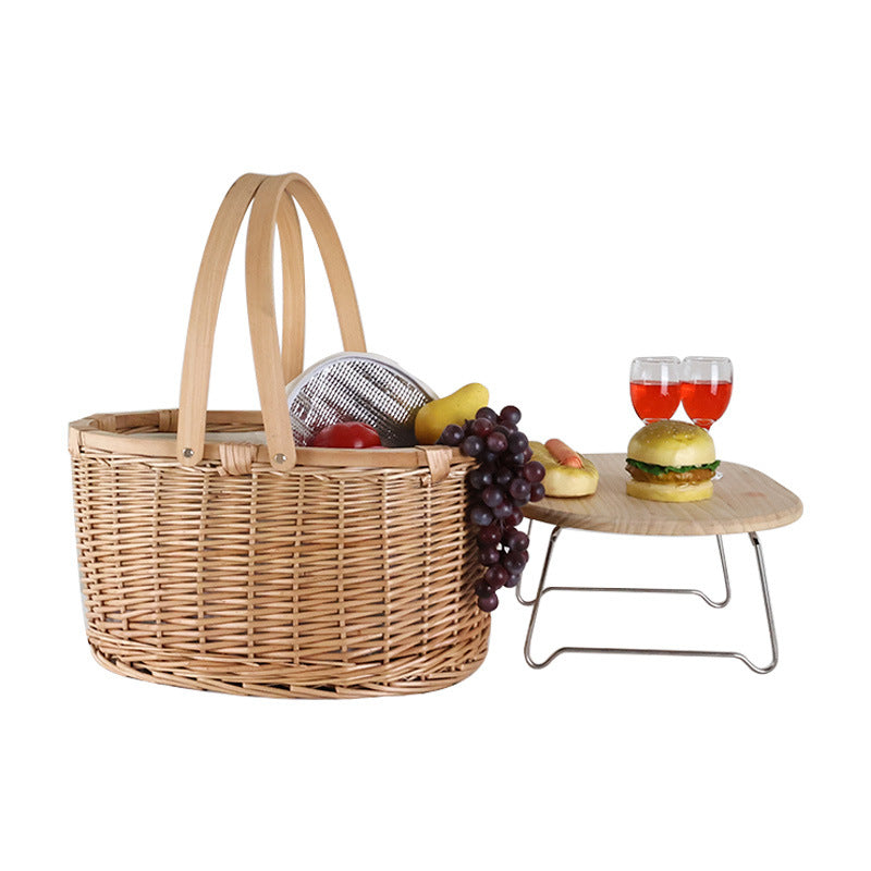 Damen Picknickkorb aus hochwertigem Naturmaterial mit robustem Holzdeckel Karnz