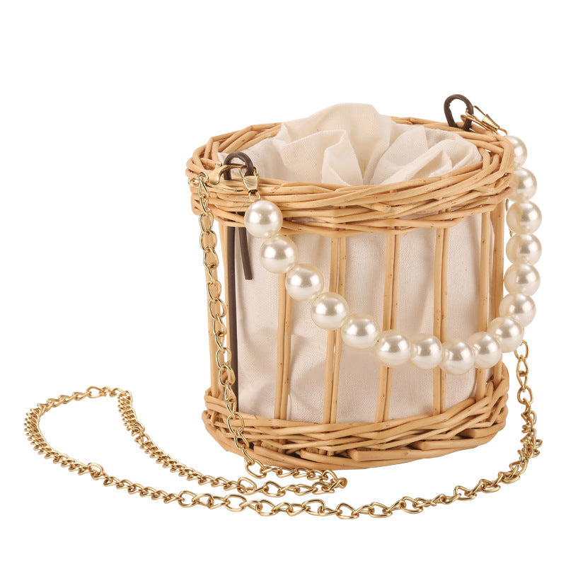 Damen elegante Korbtasche mit Perlenkette Karnz