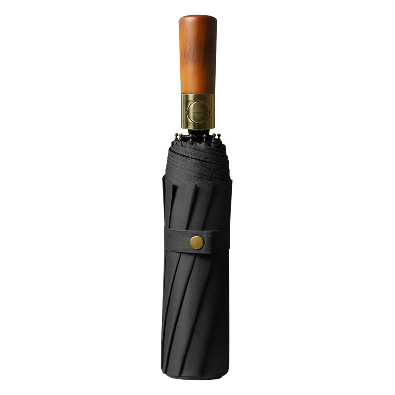Damen stilvoller Falt-Regenschirm mit ergonomischem Holzgriff Karnz