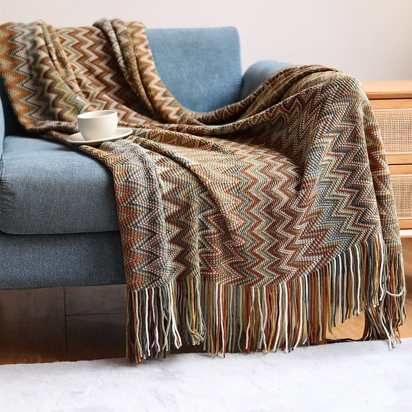 Boho Chevron Bettbezug – Handgewebt – Mit Fransen – Warme Erdtöne | Karnz
