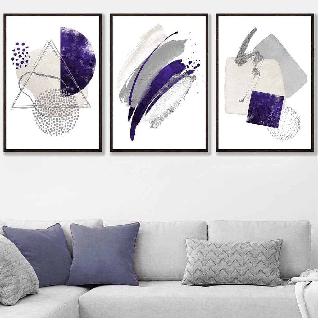 Abstrakte lila-silberne Aquarellformen, 3er-Druckset