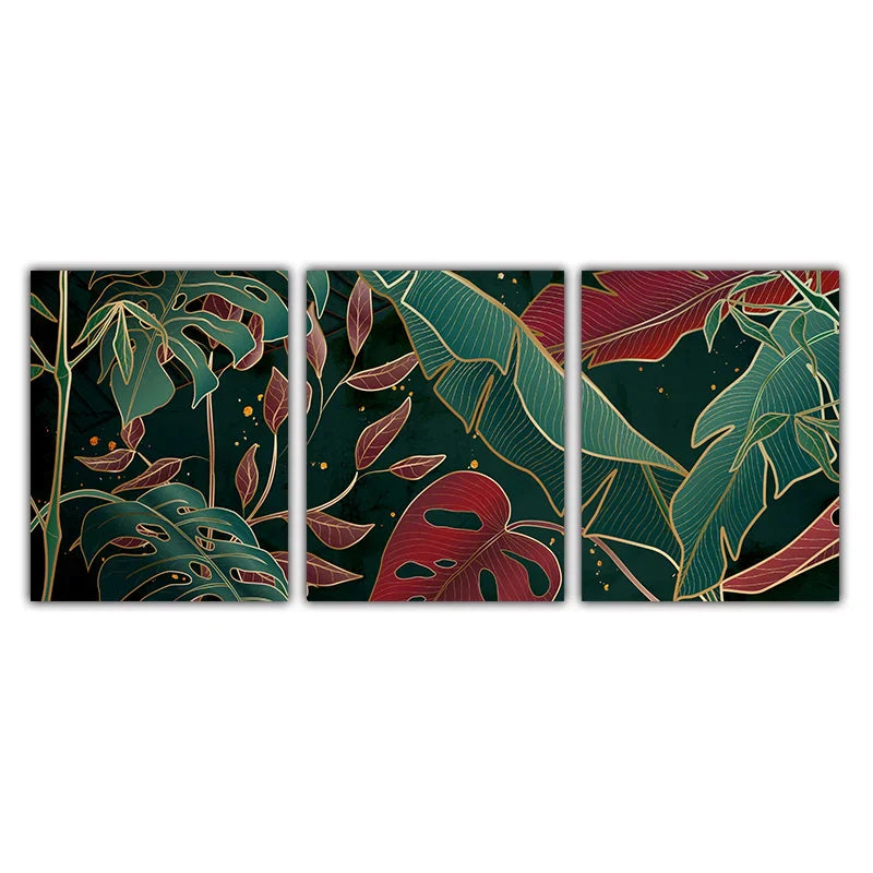Moderne abstrakte tropische Botanik Wandkunst Fine Art Leinwanddrucke Rote grüne Palmenblätter Poster Bilder für Wohnzimmer Hotelzimmer Dekoration | Karnz