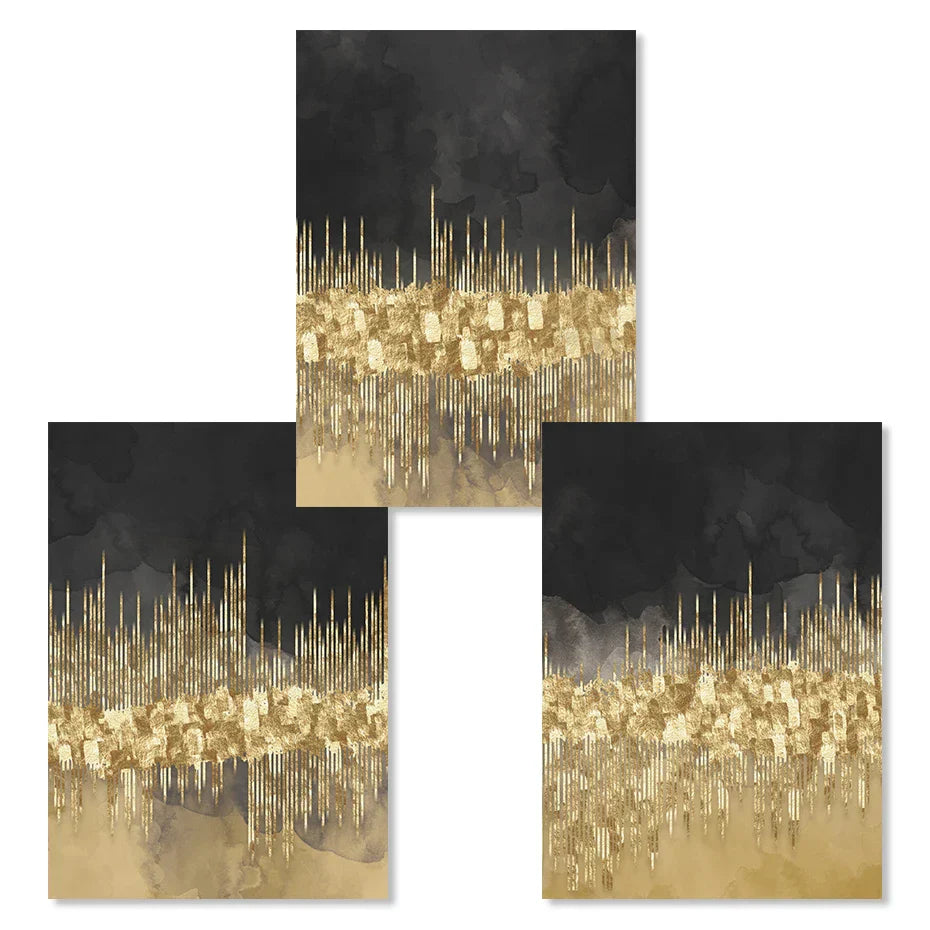 Abstrakte goldene Stadtlandschaft auf schwarzem Aquarell-Leinwanddruck Wandkunst leichte Luxusbilder für Wohnzimmer Schlafzimmer Home Office Dekor | Karnz