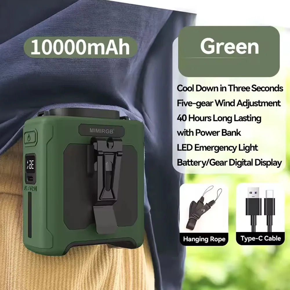 10000mAh Taillenklem Ventilator mit Power Bank – Tragbarer Freisprech-Akku Ventilator | 5-Geschwindigkeits-Kühlung, Batteriestatusanzeige, USB-Ladung, Tragbarer Ventilator für den Außenbereich | Karnz