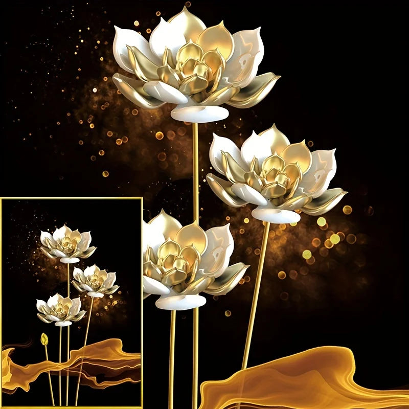 Set von 3PCs Weiße Goldene Lotus Exotische Florale Wandkunst Feine Kunst Leinwanddrucke Exotische Botanische Bilder Für Luxuriöses Wohnzimmer Esszimmer Schlafzimmer Kunstdekoration | Karnz