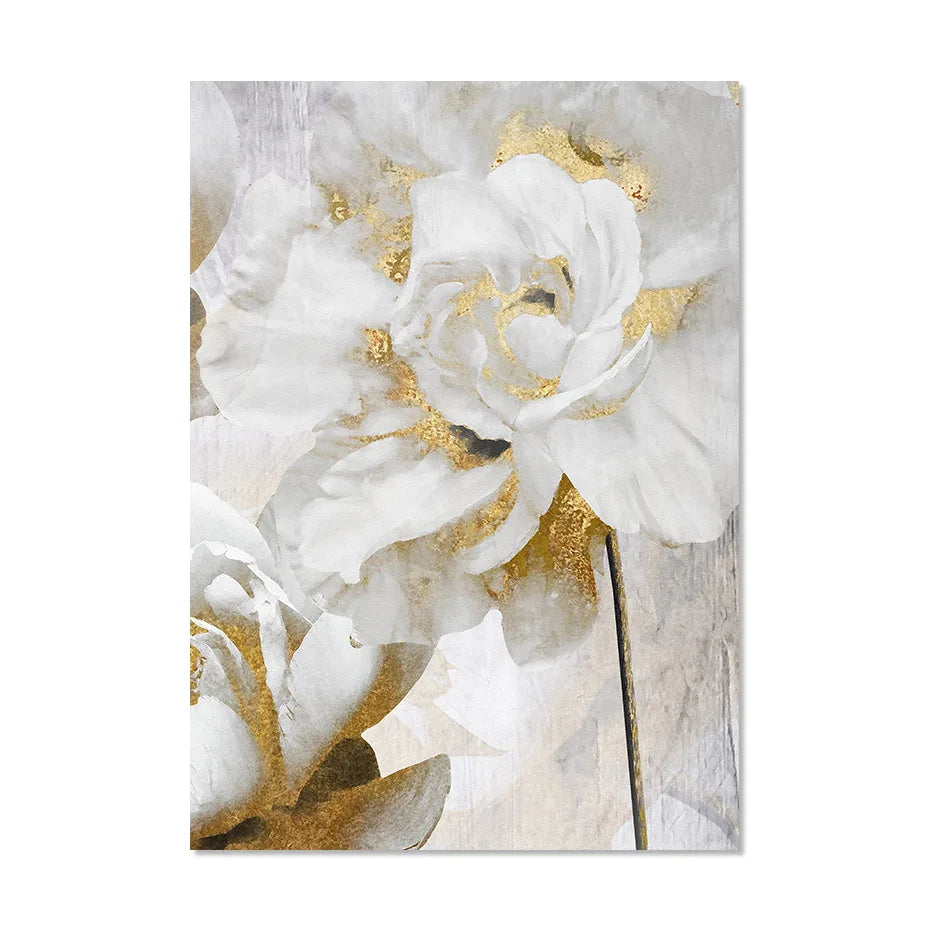 Opulente Blüten Elegante Weiße Blumen mit Goldakzenten Leinwand Wandkunst Feine Kunstleinwand Drucke Poster Florale Bilder Für Modernes Wohnzimmer | Karnz