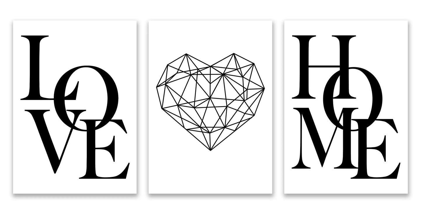 Set aus 3 Stück Geometrische Liebe Zuhause Herz Wandkunst Feine Kunst Leinwanddrucke Schwarz Weiß Minimalistische Poster Bilder Für Wohnzimmer Schlafzimmer Kunst Dekor | Karnz