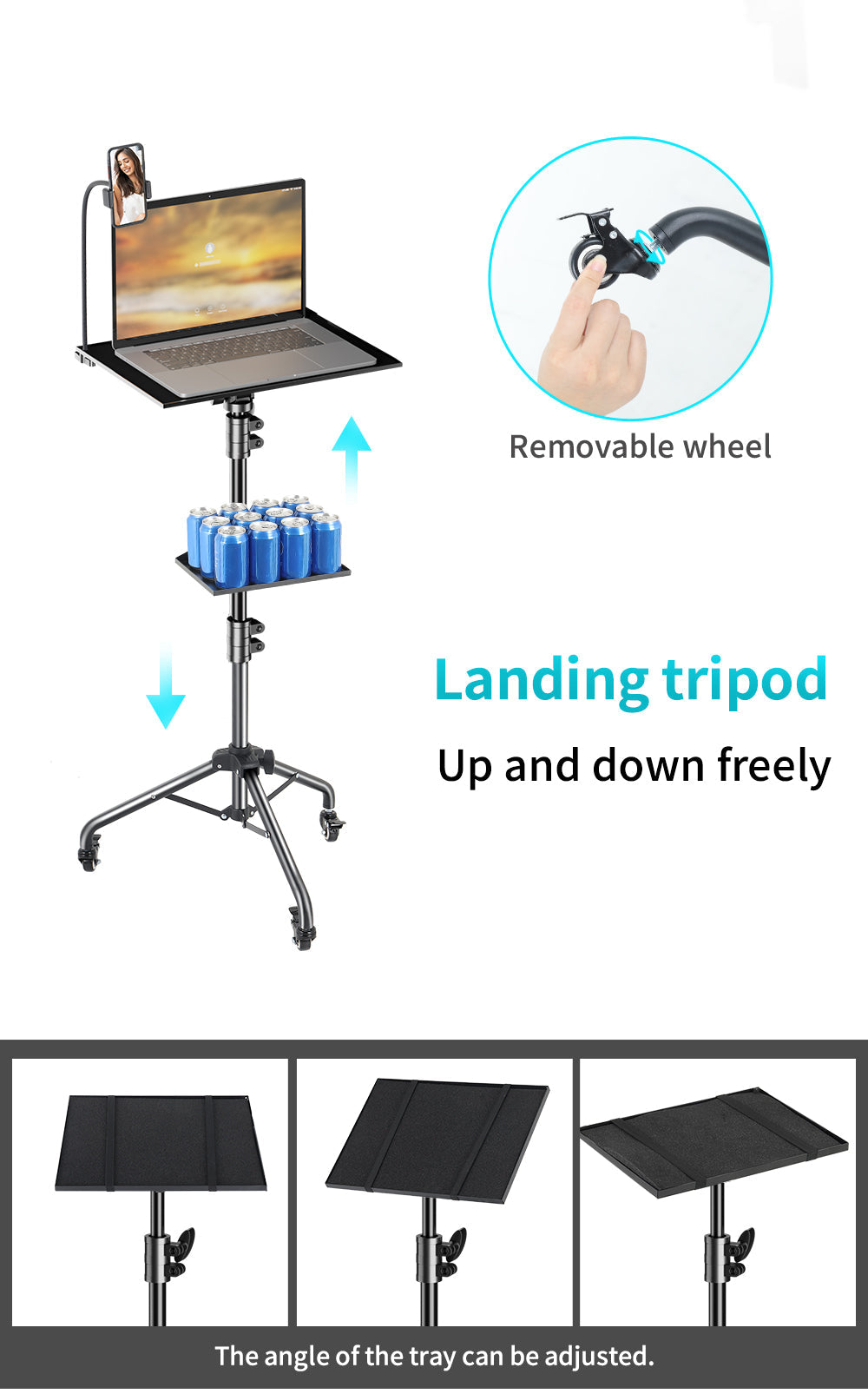 Verstellbarer klappbarer Laptop-Tischständer mit abnehmbaren Rädern und 2 Tabletts für Komfort überall Karnz